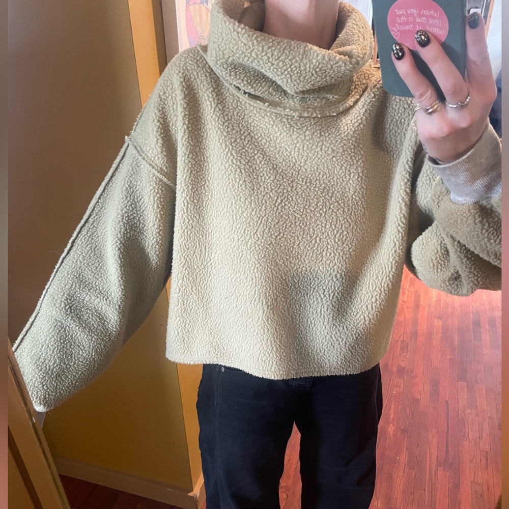 Free People sage green Sherpa cowl neck sweater